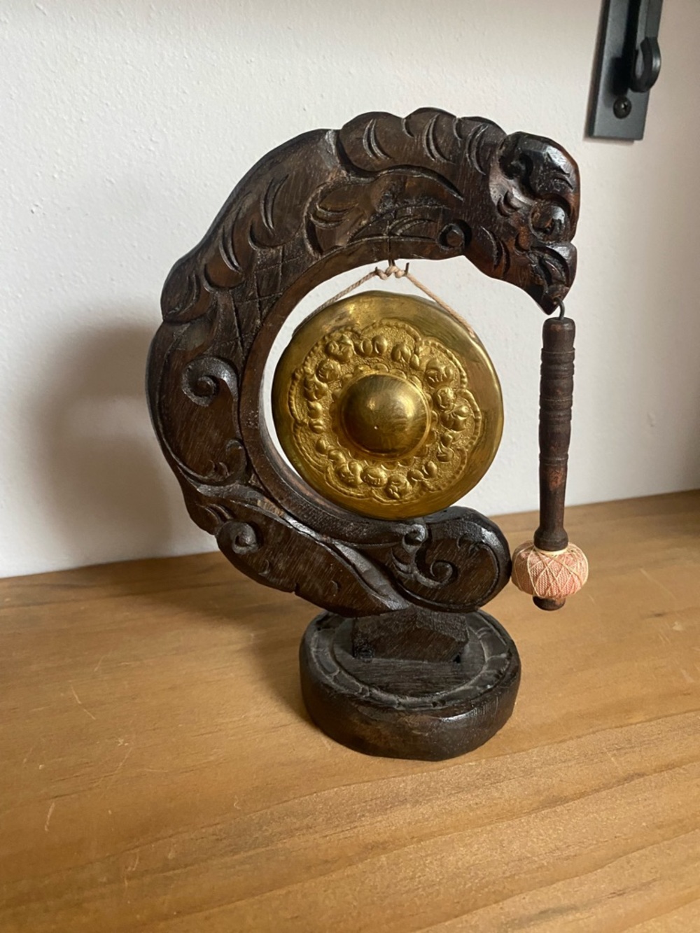 Carved Wooden Table Gong with Brass Disc